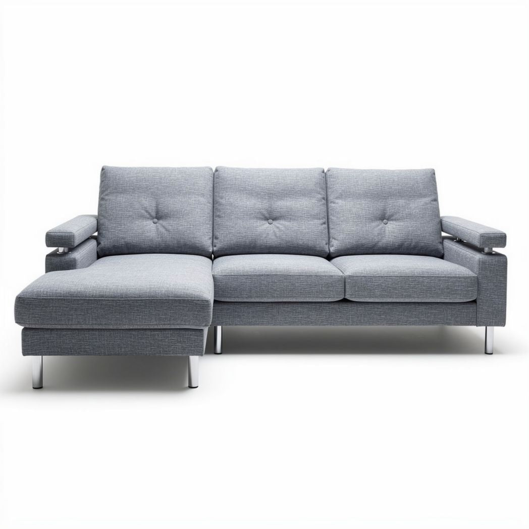 Sofa narożna z szarym materiałem 220 x 90 x 85cm z metalowymi nóżkami