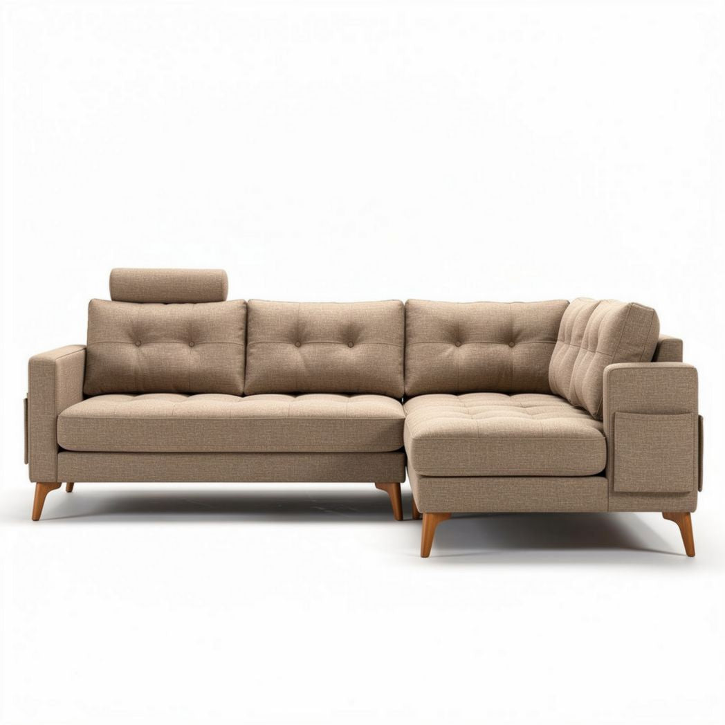 Sofa narożna z tkaniny w kolorze beżowym wymiary 200 x 90 x 70 cm
